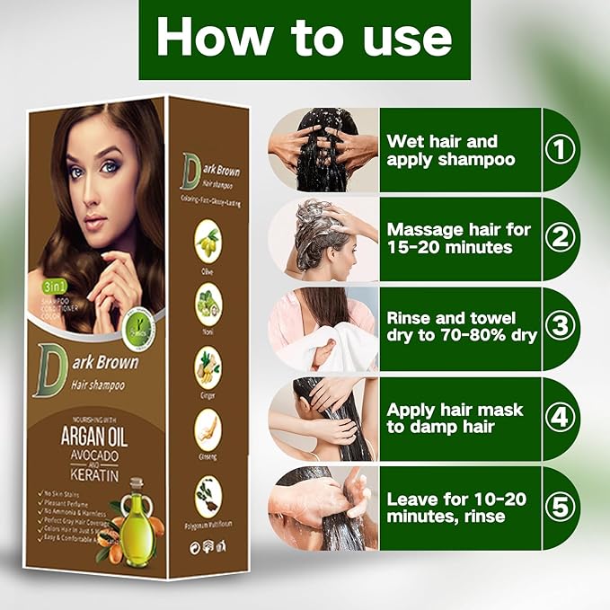 Gray Coverage Color Shampoo - 3-in-1 Color Depositing Shampoo with Herbal Formula, Ammonia-Free Hair Dye for Women & Men, Long-Lasting Root Touch Up (Dark Brown, Lasts 6 Weeks)-Velvo Beauty