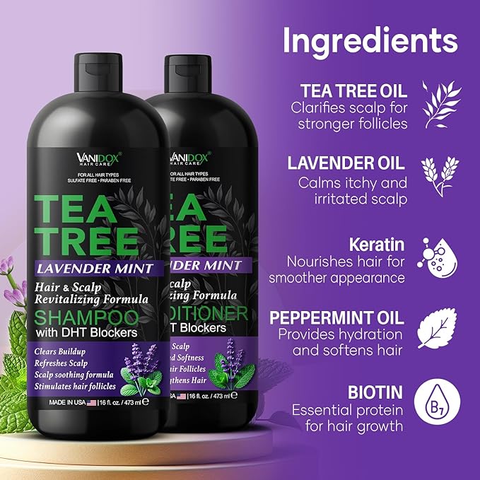 Tea Tree Shampoo and Conditioner Set with Lavender and Mint | DHT Blockers | With 100% Pure Tea Tree Oil for Itchy, Dry Scalp | Sulfate & Paraben Free | For Men & Women | 16 fl oz Each-Velvo Beauty