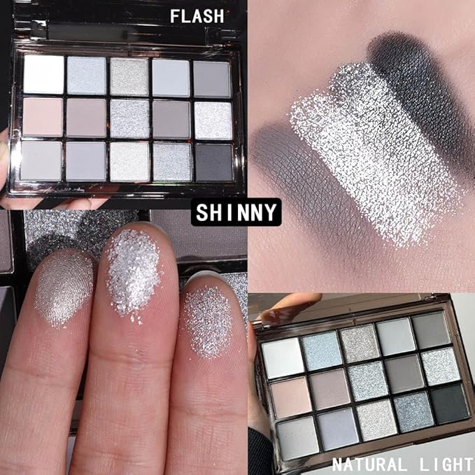 15 Colors Black Gray Silver Matte Shimmer Eyeshadow Palette for Eye Makeup,High Pigmented Brown White Eye Shadow Primers Powder Palet de sombras de ojos-Velvo Beauty