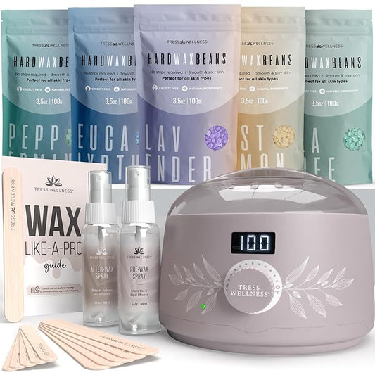 Tress Wellness Waxing Kit for Sensitive Skin – Safe for Face & Skin, Prep & Aftercare Spray, Easy to Use – At-Home Kit for Face, Bikini, Brazilian & Full Body - Digital Display, Dusty Lilac-Velvo Beauty