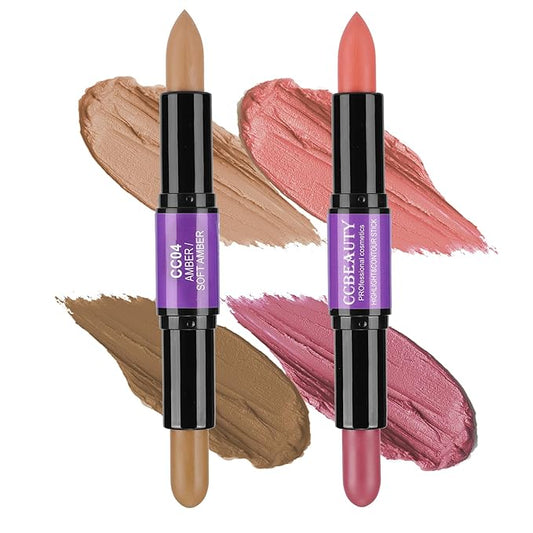 CCbeauty 2pcs 2-IN-1 Matte Contour Concealer Stick Cool Tone with Blush,Cream Blendable Bronzer & Blusher for Cheeks & Lip,Long Lasting & Waterproof Contouring for Face Shaping Makeup,AMBER/SOFT AMBER-Velvo Beauty