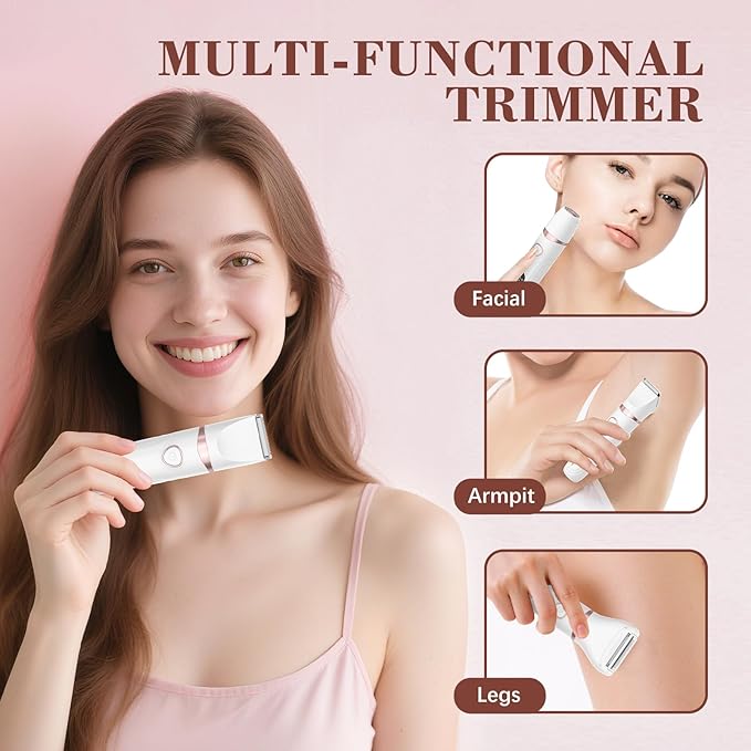 Bikini Trimmer for Women, 3-in-1 Waterproof Electric Shaver, Cordless Pubic & Body Hair Trimmer, Facial Shaver, Easy-Clean Razors with Ceramic Blade, Type-C Rechargeable, Led Display-Velvo Beauty