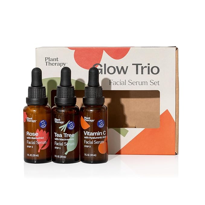 Plant Therapy Facial Serum Trio Set 1 oz each, Vitamin C & Hyaluronic Acid, Rose with Bakuchiol & Tea Tree with Niacinamide, Reduces the Appearance of Fine Lines & Wrinkles-Velvo Beauty