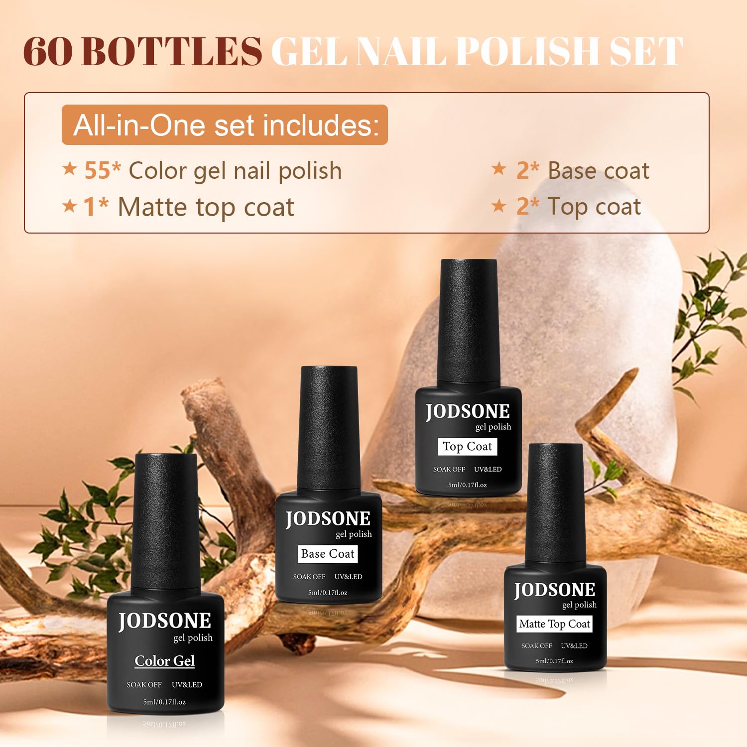 JODSONE 60 PCS Gel Nail Polish Starter Kit 55 Color Combination of Light and Dark Colors Emerald Green Klein Blue Soak off No Wipe Base Coat Matte and Glossy Top Coat Nail Gel Kit-Velvo Beauty