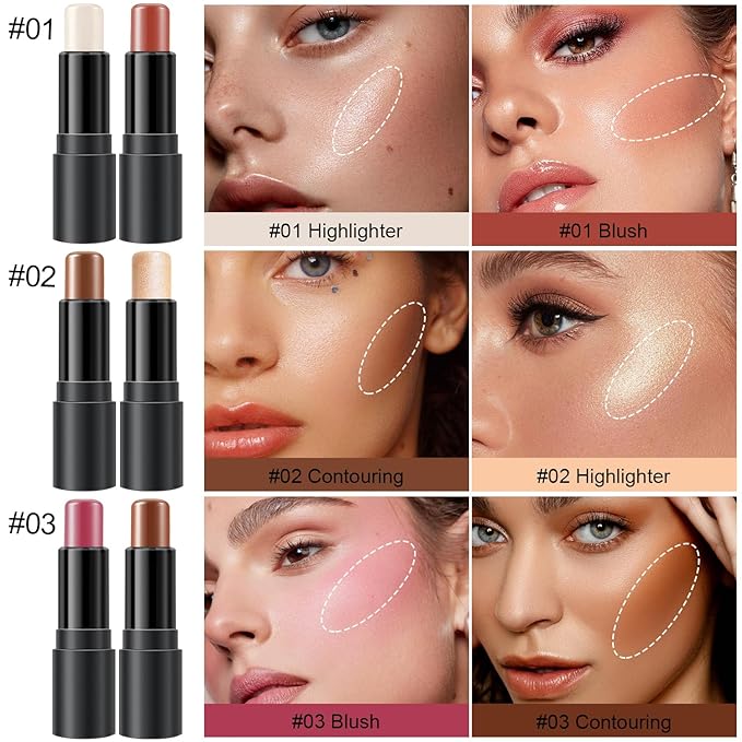 6 Colors Cream Contour Stick Makeup Kit, Shades with Highlighter, Blush and Double-End Bronzer Contour Stick for Sculpt the Cheeks, Long Lasting, Waterproof, Matte & Dewy Finish(SET C)-Velvo Beauty