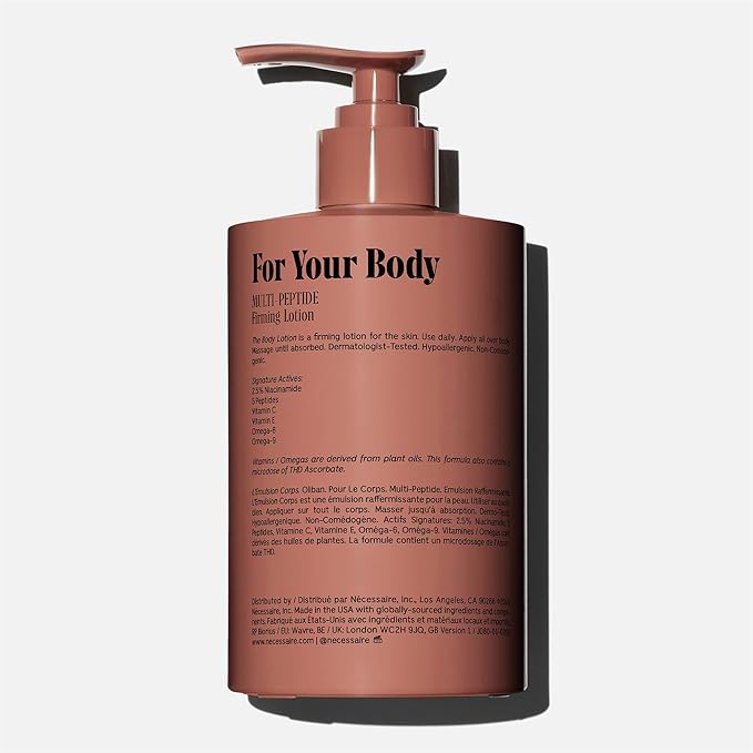 Nécessaire The Body Lotion with Pump. Olibanum. Multi-Peptide Firming to Moisturize + Strengthen. 2.5% Niacinamide, Vitamin C/E + Omega 6/9. Notes of Vanilla, Fig Leaf, & Cassis Buds. 450ml/15.2 fl oz-Velvo Beauty