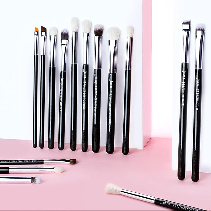 Jessup Eye Makeup Brushes Set Professional 15pcs with Eyeshadow Blending Concealer Eyebrow Eyliner Brush (Pearl Black/Silver)-Velvo Beauty