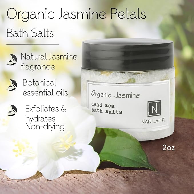 Organic Jasmine Bath Salts by Nabila K - Dead Sea Salt & Epsom Salt Scrub & Soak - Exfoliates & Hydrates Skin, Botanical Essential Oils - Bubble Bath Accessories for All Skins Types, 2 oz-Velvo Beauty
