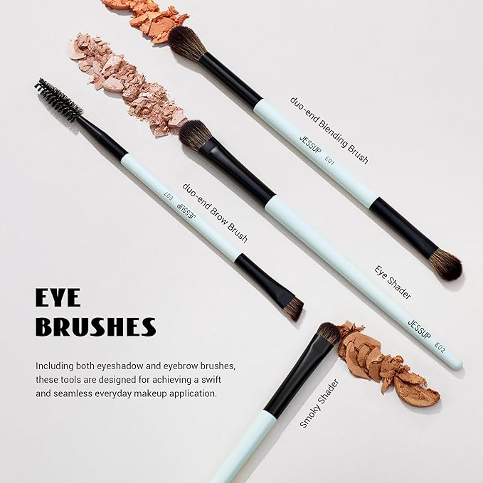 Jessup Makeup Brush Set 6pcs Double Sided Makeup Brushes Foundation Contour Blush Highlight Blending Eyebrow Brush Eyeshadow Brush, Vegan Fiber Make up Brush Bright Cyan T501-Velvo Beauty