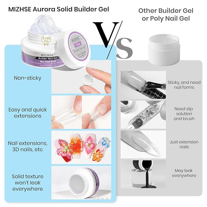 MIZHSE Solid Builder Gel for Nails, Clear 60g 3D Sculpting Gel for Nail Art Non-Sticky Molding Hard Gels UV LED Nail Charm with Gold Chrome Nail Powder and 3D Silicone Flower Mold Kit for DIY Salon-Velvo Beauty