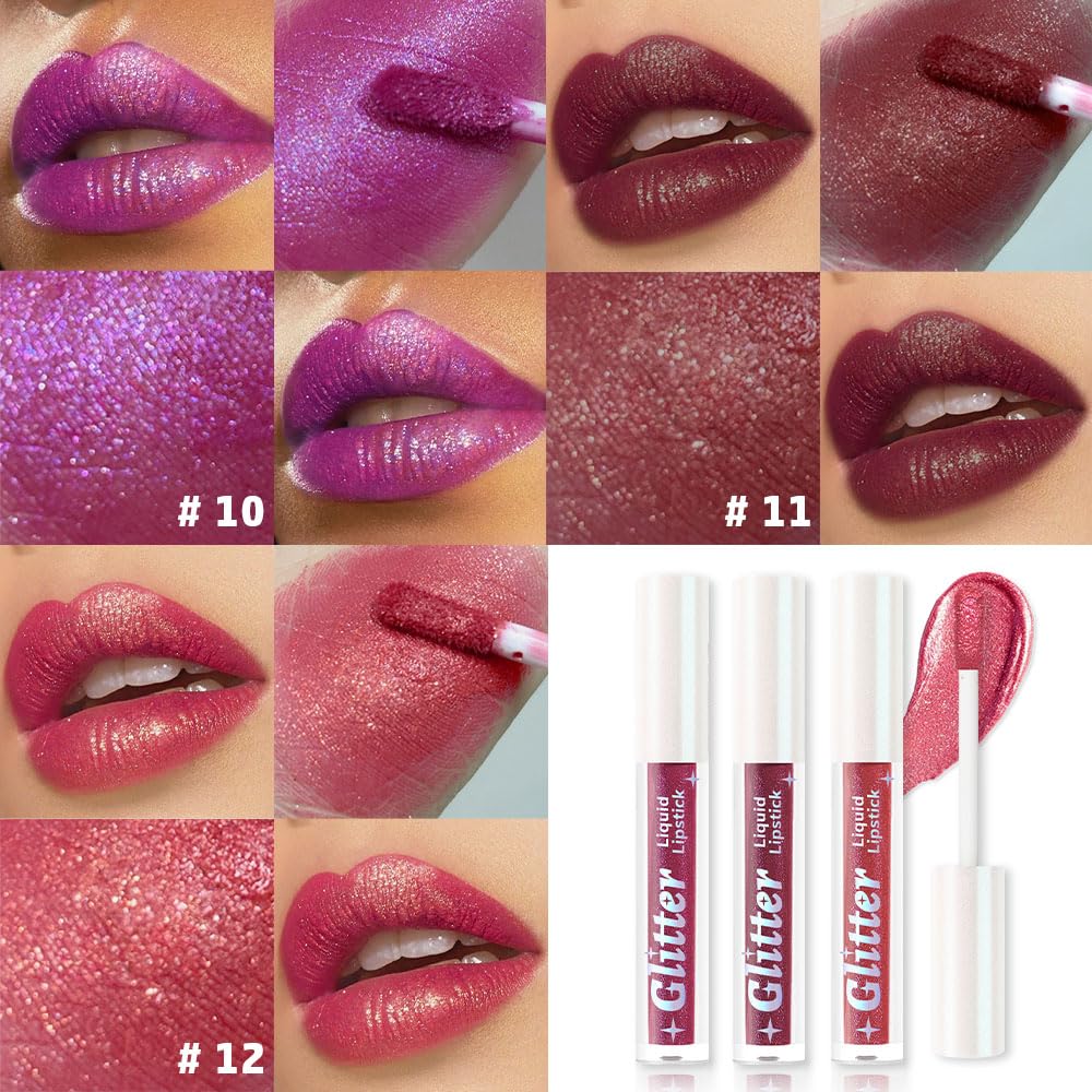 3Pcs Metallic Lipstick for Women,Lightweight Glitter Sparkling Liquid Lipsticks,Shimmer Lip Gloss Stain Long Lasting Waterproof Smudge Proof Non-Drying 24 Hour Full Coverage Lip Makeup,Vegan-Velvo Beauty