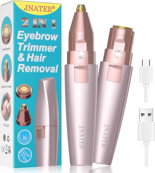 Eyebrow Facial Hair Remover - 2 in 1 Rechargeable Eyebrow Trimmer and Facial Hair Removal for Women, Painless Electric Hair Removal Device with LED Light for Face Eyebrows Peach Fuzz Lip Body-Velvo Beauty
