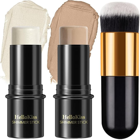 2Pcs Cream Contour Stick Makeup Kit, Cream Highlighter Stick and Bronzer Contour Stick with Longwear Waterproof Formula for Brightening and Trimming the Cheeks, Makeup Brush Include (#02, 08)-Velvo Beauty