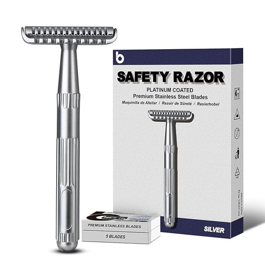 Matte Silver Double Edge Safety Razor, Single Blade Razors for Men and Women, with 10 Stainless Steel Safety Razor Blades, Reusable, Smooth and Close Wet Shaving Kit, Plastic Free-Velvo Beauty