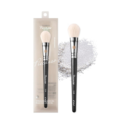 Piccasso 116 Highlighter Brush – Soft Goat Hair Makeup Brush for Face, Ideal for Highlighting Cheekbones, Nose, and Jawline, Fluffy Blush Brush for Natural Glow, Professional Korean Beauty-Velvo Beauty