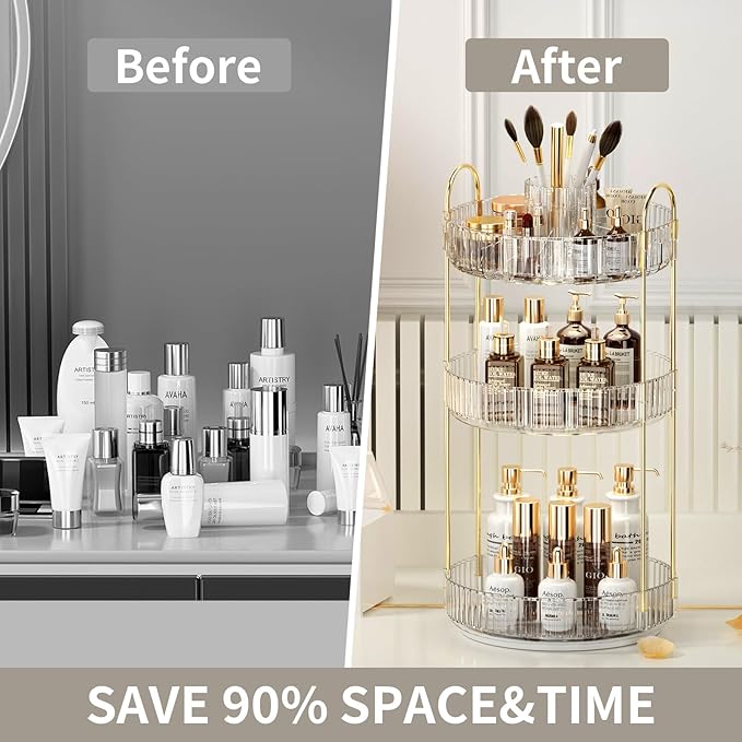 360° Rotating Makeup Organizer, Large-Capacity Skincare Make Up Storage 3 Tier Perfume Organizers Cosmetic Dresser Organizer with Makeup Brush Holder, Fits Bedroom, Bathroom, Vanity Shelf Countertop-Velvo Beauty
