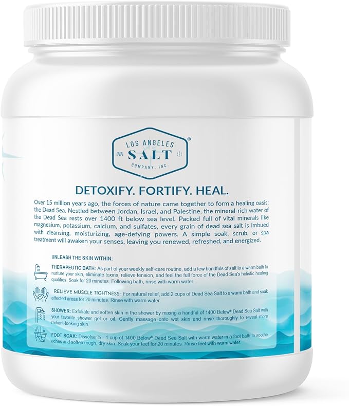 1400 Below 5 Lbs Jar Dead Sea Salt, Fine Grain - Foot and Spa Bath Soak, Exfoliating Body Scrub, 100% Pure and Mineral-Rich, Highest Mineral Content – Natural Muscle Tension Relief-Velvo Beauty