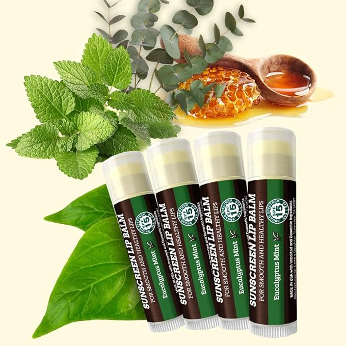 SPF Lip Balm 4-Pack by Earth's Daughter - Lip Sunscreen, SPF 15, Organic Ingredients, Eucalyptus Mint Flavor, Beeswax, Coconut Oil, Vitamin E - Hypoallergenic, Paraben Free, Gluten Free-Velvo Beauty