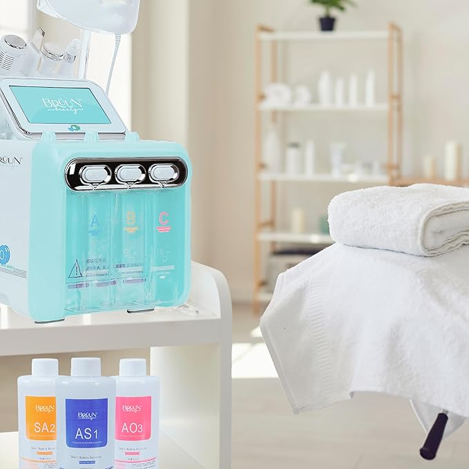 BRÜUN Hydrogen Oxygen Facial Machine Serums for Facial Cleansing – A Pack of 400ml 3 Aqua Peeling Solution AS1, SA2, and AO3 –Skin Care Hydra Solution for Vacuum face Cleaning Jet for Home and Spa-Velvo Beauty