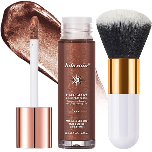 Natural Glow Liquid Filter Makeup, Longwear Face Luminizer, Complexion Booster For Any Part of the Body, Liquid Highlighter with Brush Kit, Infused Hyaluronic Acid, 1.06 fl oz (#08 RICH)-Velvo Beauty