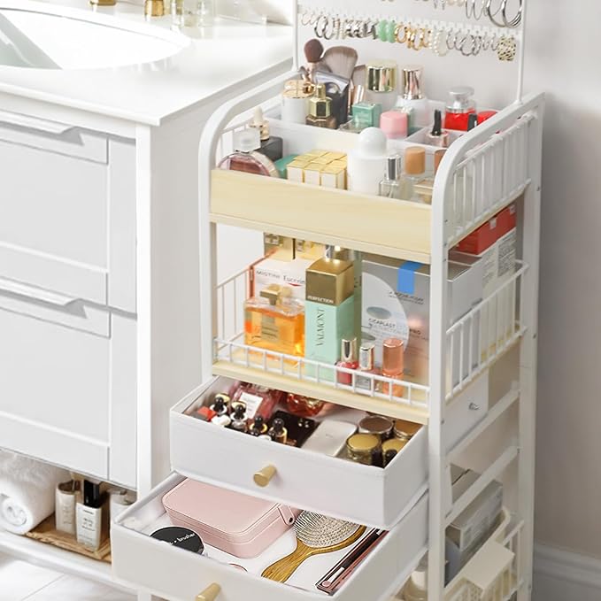 YGJT Makeup Organizer, Floor Skincare Cosmetics Organizer with Drawers, Jewelry Organizers and Storage for Earring Necklace, Vanity Organizer for Skin Care Perfume Makeup Brush Nail Polish Hair Tool-Velvo Beauty
