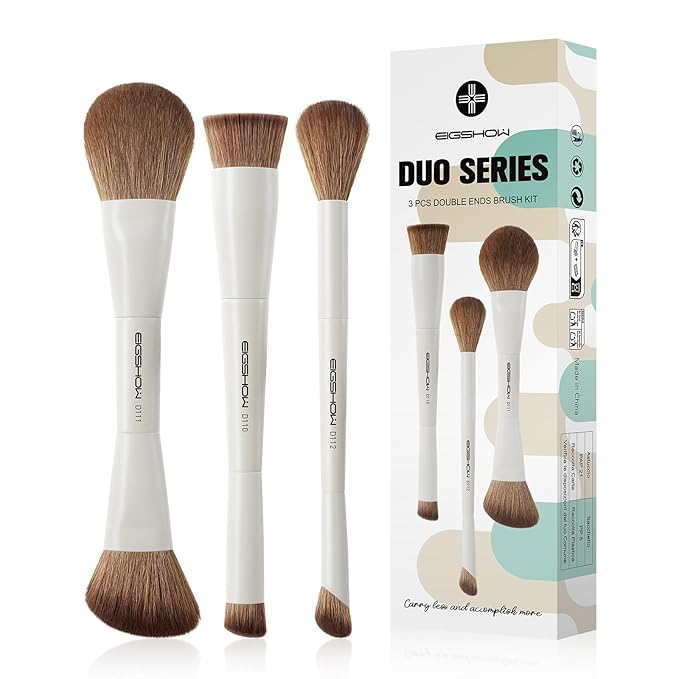 EIGSHOW Makeup Brush Set, 3Pcs Double Ended Face Makeup Brushes for Foundation Powder Contour Highlight Concealer Nose Shadow, Travel Gift Set (Beige)-Velvo Beauty