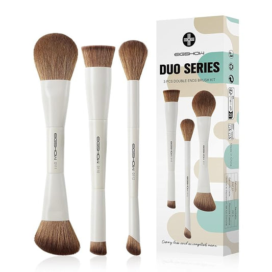 EIGSHOW Makeup Brush Set, 3Pcs Double Ended Face Makeup Brushes for Foundation Powder Contour Highlight Concealer Nose Shadow, Travel Gift Set (Beige)-Velvo Beauty