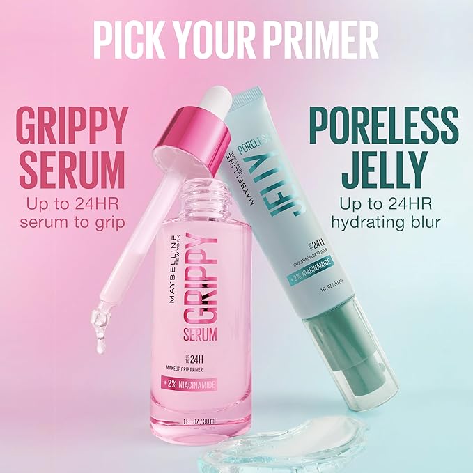 Maybelline Grippy Serum Primer, Hydrating Makeup Primer with 2% Niacinamide For Up To 24HR Make Up Wear, Clear, 1 Count-Velvo Beauty
