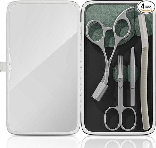 Eyebrow Trimmer Kit Scissors Tweezers Razor Facial Shaver Grooming Set with Mirror Travel Cases-Velvo Beauty