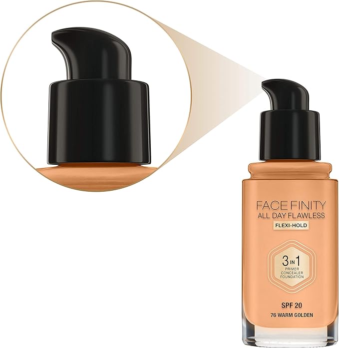 Max Factor Facefinity 3-in-1 All Day Flawless Liquid Foundation, SPF 20-76 Warm Golden, 30 ml-Velvo Beauty