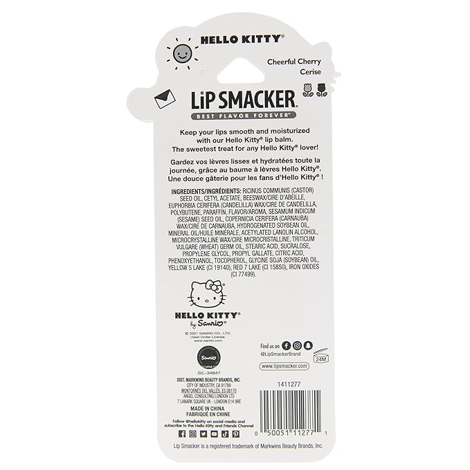 Lip Smacker Lippy Pals Sanrio Hello Kitty, Flavored Moisturizing & Smoothing Soft Shine Lip Balm, Hydrating & Protecting Fun Tasty Flavors, Cruelty-Free & Vegan - Cheerful Cherry-Velvo Beauty