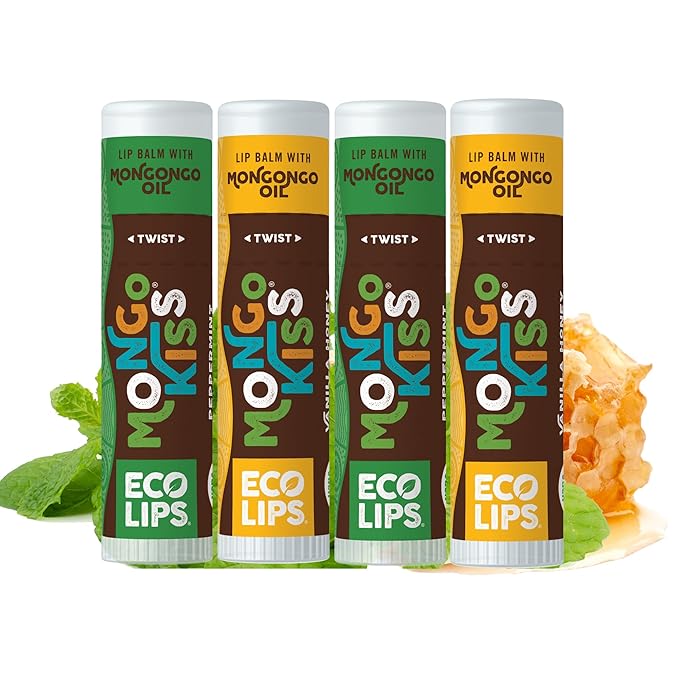 Eco Lips Mongo Kiss Organic Lip Balm 4 Pack - 100 Percent USDA Organic - Soothe, Moisturize Dry, Cracked and Chapped Lips - Made in USA (Peppermint & Vanilla Honey)-Velvo Beauty