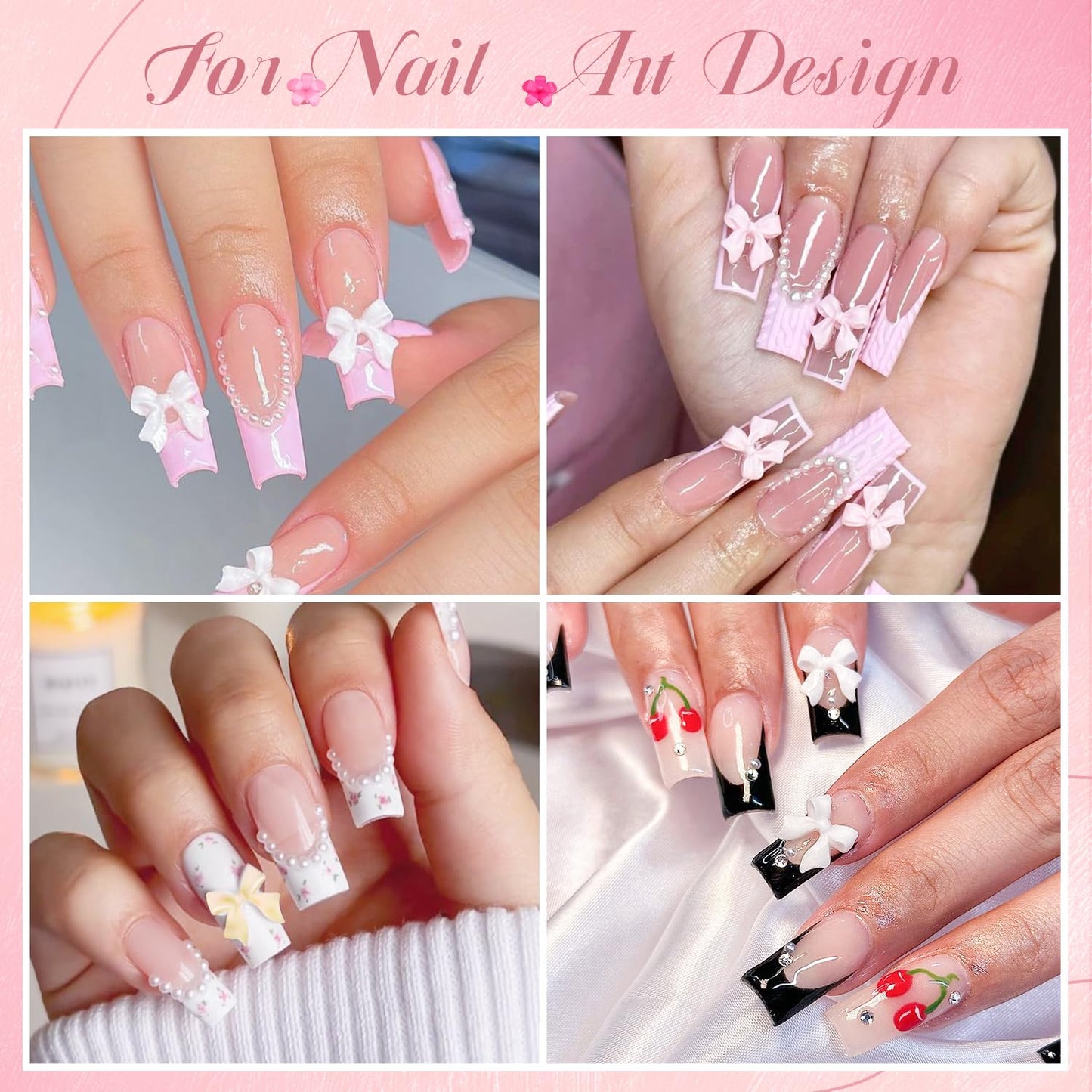 3D Nail Charms and Gems Set 6 with Rhinestone Glue, 75PCS Chunky Coquette Pink & White Bow Nail Charms + Kawaii Cute 3D Flowers for Nails + Clear & AB Glass Crystals + Flat Pearls for Y2K Nail Decor-Velvo Beauty