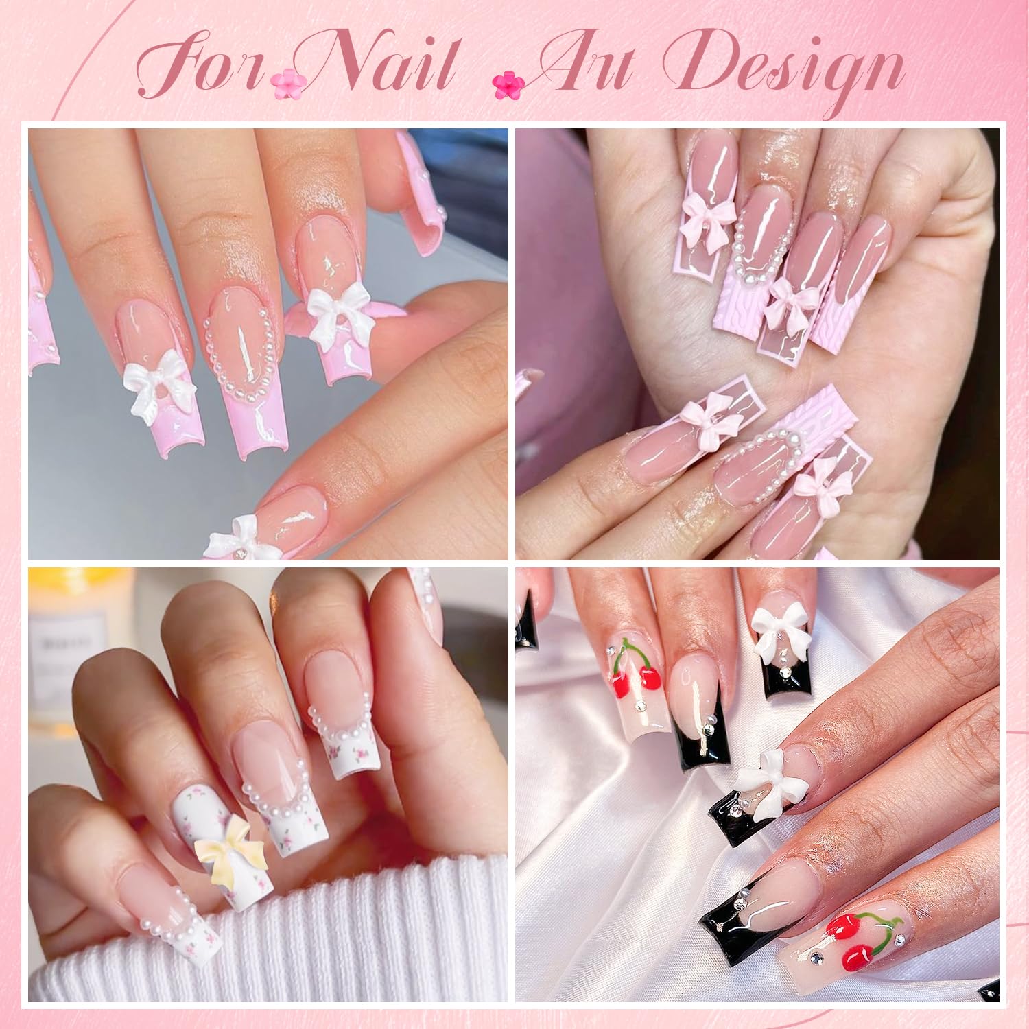3D Nail Charms and Gems Set 6 with Rhinestone Glue, 75PCS Chunky Coquette Pink & White Bow Nail Charms + Kawaii Cute 3D Flowers for Nails + Clear & AB Glass Crystals + Flat Pearls for Y2K Nail Decor-Velvo Beauty