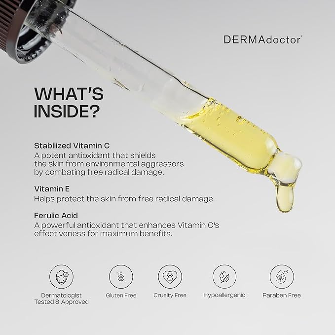 DERMAdoctor Vitamin C Face Serum 20% Vitamin C, Vitamin-E, Ferulic Acid, Ascorbic Acid Concentrated Dermatologist-Formulated Anti-Aging, Hydrating & Discoloration Correcting Serum for Face -1.0 fl oz-Velvo Beauty