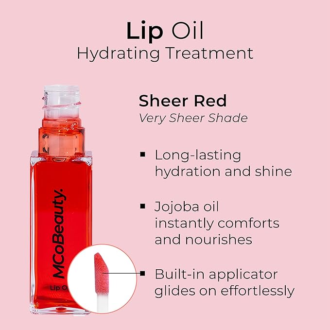 MCoBeauty Lip Oil Hydrating Treatment, Sheer Red, Moisturizing Shine for Naturally Beautiful Lips, Vegan, Cruelty Free Cosmetics-Velvo Beauty