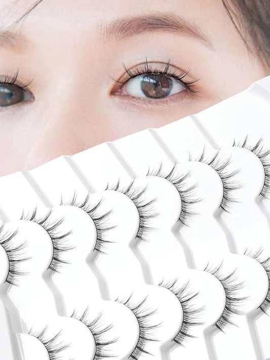 Manga Lashes Natural False Eyelashes 10MM Short Anime Lashes Thin Band Korean Lashes 3D Volume Strip Lashes Wispy Manhua Eyelashes 7 Pair Asian Lashes Siligli-Velvo Beauty