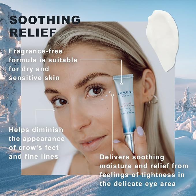 Lumene Arctic Hydra Care Moisture Relief Rich Eye Cream - Anti Wrinkle Eye Cream for Crow's Feet, Fine Lines and Wrinkles - Vegan, Fragrance Free Hydrating Eye Cream with Ceramides (15ml)-Velvo Beauty