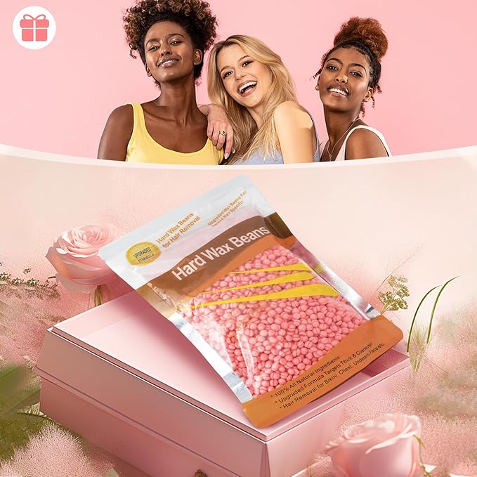 Hard Wax for Hair Removal, Rose Pink Wax Beads for Sensitive Skin and Brazilian Waxing, 10.5 Ounce/bag with 10pcs Wax Sticks-Velvo Beauty