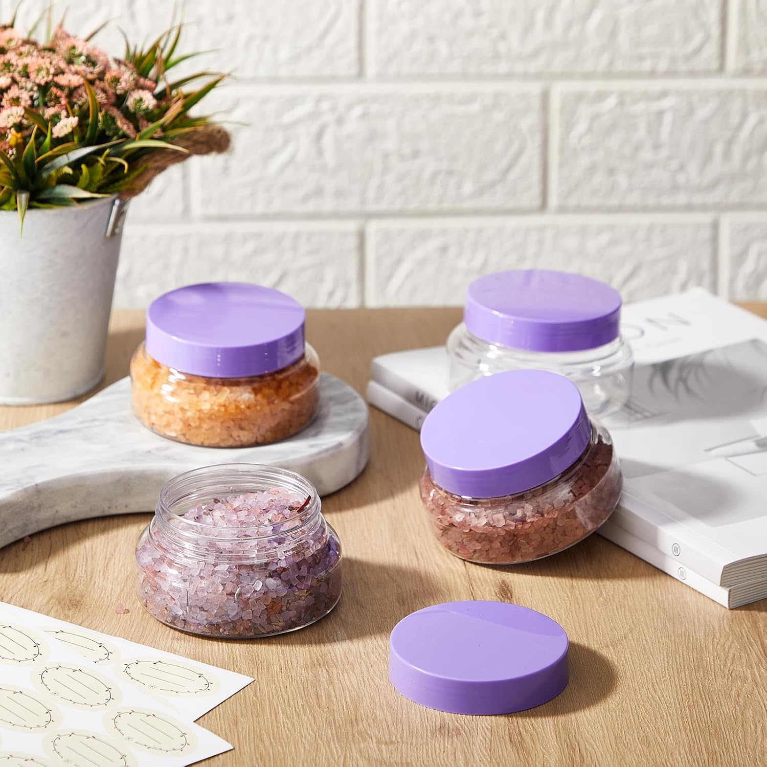 Tessco 24 Pack Plastic Jars with Lids Labels Empty Clear Plastic Jars Round Refillable Cosmetic Containers Body Butter Containers Bulk Sugar Scrub Bottle for Make Up(5 oz,Clear, Purple)-Velvo Beauty