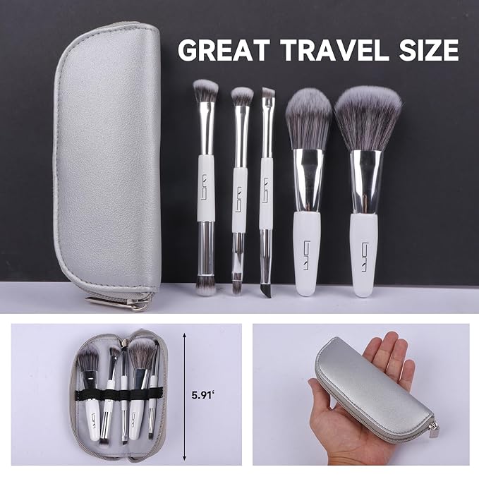Travel Makeup Brushes Set w/Pouch, 5PCS Double Ended Portable Mini Cosmetic Brushes Kit for Foundation, Eyeshadow, Lip, Blush Make Up Brushes Professional(White)-Velvo Beauty