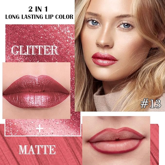 evpct Mauve Red Metallic Glitter Lip Liner and Lipstick Combo Lip Gloss Stain Set Makeup for Women Long Lasting Waterproof 24, Red Metallic Shimmer Frosted Iridescent Glossy Liquid Lipstick 13-Velvo Beauty