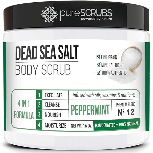 pureSCRUBS Premium Sea Salt Body Scrub Set - Large 16oz Peppermint Scrub With Infused Essential Oils & Nutrients, Includes Wooden Spoon, Loofah & Oatmeal Exfoliating Bar Soap-Velvo Beauty