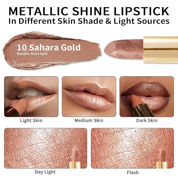 Oulac Nude Lipstick for Women with Metallic 3D Shine Lightweight Hydrating Formula, High Impact Lip Color, Vegan Beauty, Full Coverage Lip Makeup, Christmas Gifts for Women, Sahara Gold(10)-Velvo Beauty
