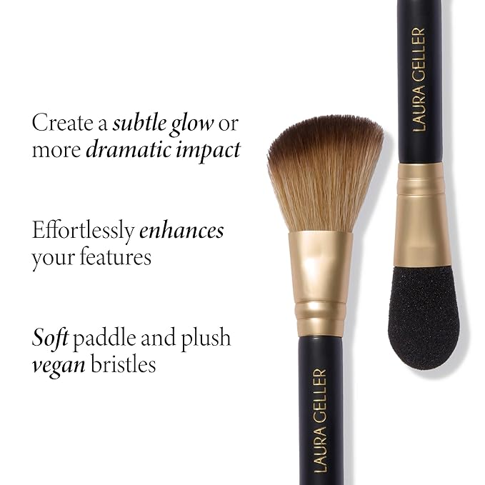 LAURA GELLER NEW YORK Dual-Ended Highlighter Brush - Multipurpose Makeup Brush for Highlighter, Blush, Bronzer and More - Includes Dual-Fiber Vegan Bristles and Satin Paddle for Flawless Application-Velvo Beauty