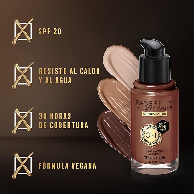 Max Factor Facefinity 3-in-1 All Day Flawless Liquid Foundation, SPF 20-110 Espresso, 30 ml-Velvo Beauty
