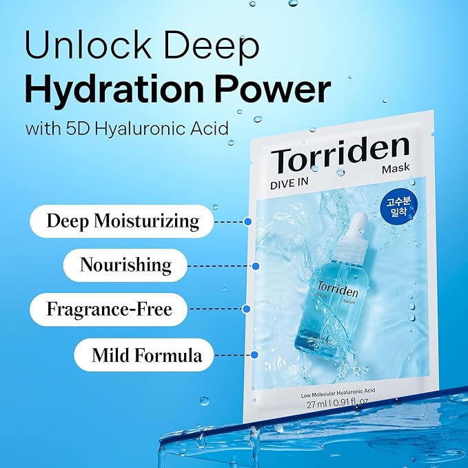 Torriden DIVE IN Hyaluronic Acid Facial Mask (10 sheets) | Extra Moisturizing Care | Hyaluronic Acid, Panthenol, Allantoin | Korean Face Mask-Velvo Beauty