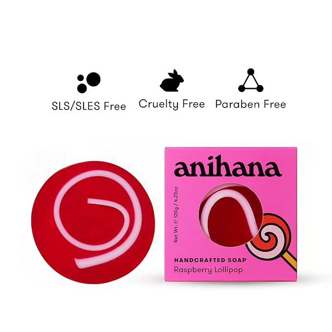 ANIHANA Handcrafted Natural Soap with Coconut Oil, Gentle Cleansing, Paraben Free, Refreshing Raspberry Lollipop Scent, 4.23 oz-Velvo Beauty