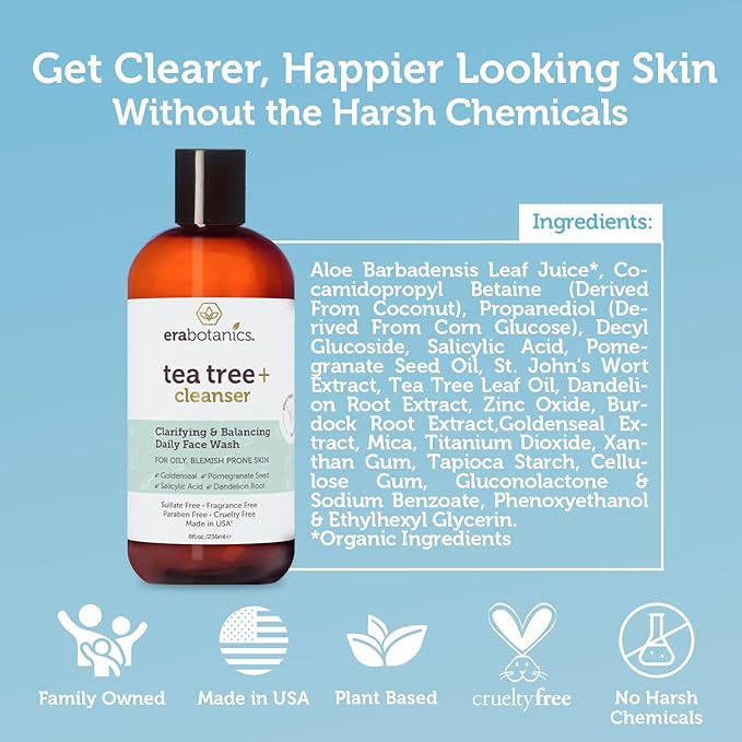 Era Organics Purifying Tea Tree Oil Face Wash - Balancing Cleanser for Oily, Blemish-Prone Skin with Salicylic Acid - Sulfate-Free, Fragrance Free, Made in USA-Velvo Beauty
