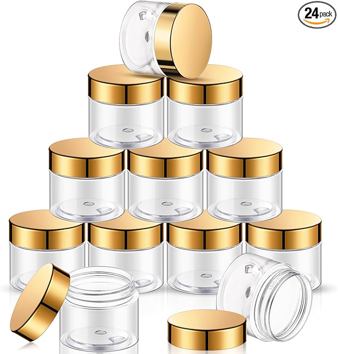 SATINIOR 24 Pieces Empty Clear Plastic Jars with Lids Round Storage Containers Wide Mouth for Beauty Product Cosmetic Cream Lotion Liquid Butter Craft and Food(Gold Lid,6 oz)-Velvo Beauty